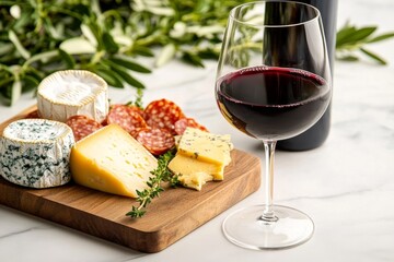 A glass of red wine with a cheese and charcuterie board, satisfying the craving for a sophisticated, indulgent evening