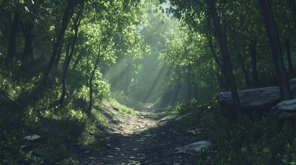 Obraz premium Hiking trail in a dense forest with light filtering through the trees