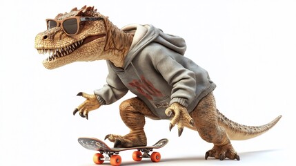 A cool dinosaur wearing sunglasses and a hoodie skateboarding.
