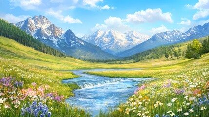 Picturesque valley with wildflowers, flowing river, and distant mountain range