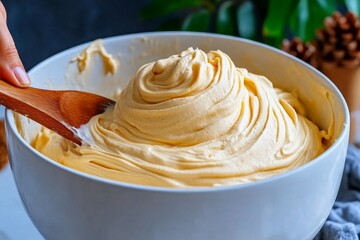 A person mixing a bowl of cake batter with a wooden spoon, with smooth, creamy texture swirling in the bowl, ready to bake