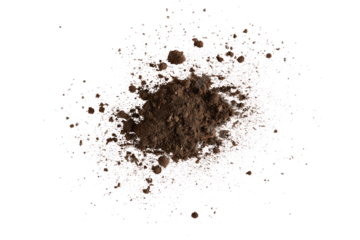 Dark brown powder or dust scattered on isolated transparent background. Close-up view of small, dark, dry, earthy substance. No text or objects, central position, sharp contrast. Alpha mask.