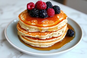 A stack of fluffy, golden pancakes topped with fresh berries and syrup drizzling down, capturing the indulgent craving of a perfect breakfast