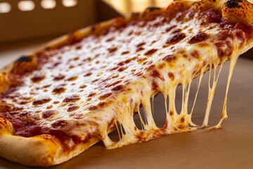 A warm, gooey pizza slice dripping with melted cheese, with strings of cheese stretching as it's pulled, creating a mouthwatering scene