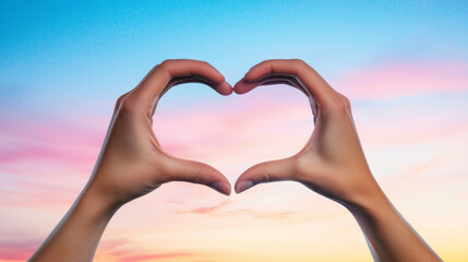 Obraz premium Hands making heart shape against vibrant sunset sky, symbolizing love and connection. colorful hues create warm and inviting atmosphere, perfect for expressing emotions
