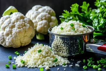 Cauliflower being grated into rice-size pieces, with fine shreds creating a healthy, grain-free base for meals