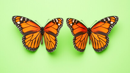 Obraz premium Vibrant butterflies with striking orange wings are beautifully displayed against fresh green background, showcasing their intricate patterns and delicate features