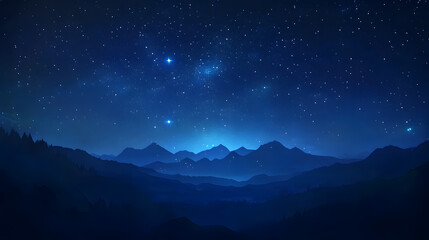 Vast night sky full of stars above mountains, deep blue and serene, peaceful nature scene