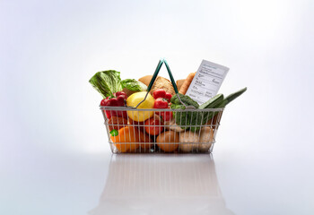 A full shopping basket with a variety of fresh produce and a receipt sticking out the top.