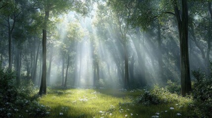 Obraz premium Foggy forest with sun rays streaming through the trees, creating a magical feel