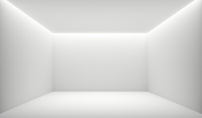 Abstract white background with a spotlight illuminating a bright studio room, designed as an empty space for product presentation. 