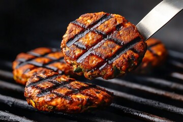 Flipping homemade veggie patties on a grill, with a crisp, healthy patty and grill marks adding texture