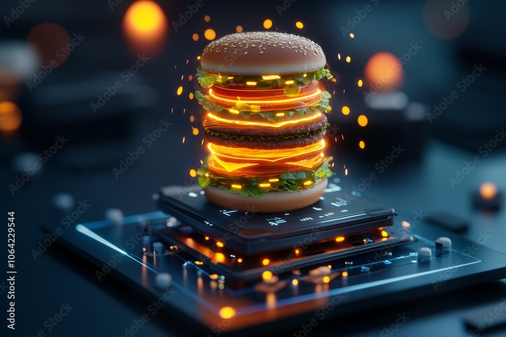 Poster futuristic, holographic burger display with glowing layers, evoking a high-tech craving with digital