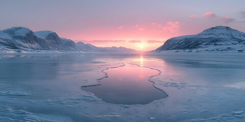 A serene winter landscape at sunset, showcasing a frozen lake surrounded by majestic mountains and reflected hues of pink and lavender in the sky.