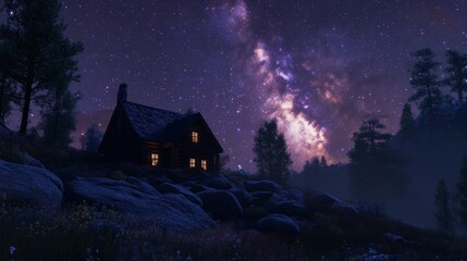 Clear night sky with the Milky Way visible over a remote mountain cabin