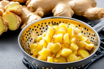Grating ginger into a bowl for marinade, with fine, aromatic curls releasing fresh, spicy fragrance