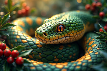 Obraz premium Close-up of a green and yellow snake with red berries in the background, resting on a branch.