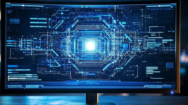 A computer monitor displaying a futuristic digital interface with glowing blue lights.