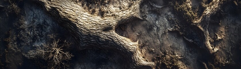 Close-up of a Tree Trunk's Textured Bark with Deep Grooves and Light Reflecting Off the Surface