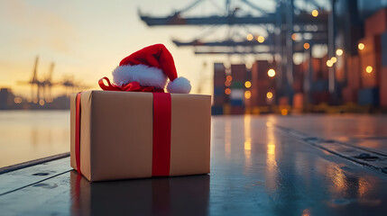 Christmas Gift with Santa Hat near Docked Cargo Ship