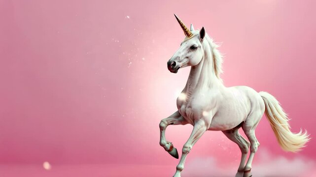 Majestic White Unicorn Galloping Through Dreamy Pink Clouds Under Sparkling Sky Envisioning Fantasy and Magic