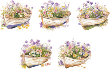 floral boat watercolor clipart