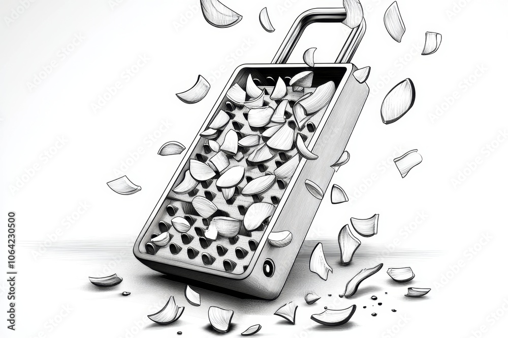 Poster minimalist line drawing of a grater with shreds falling beneath, capturing the simplicity of grating