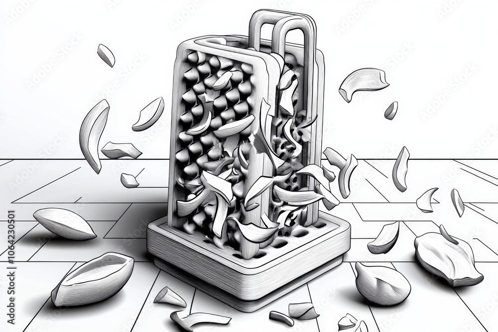 Poster Minimalist line drawing of a grater with shreds falling beneath, capturing the simplicity of grating in a clean, modern style