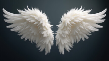 A pair of white, feathery angel wings isolated against a dark gray background. Graphic resource for use with composites.