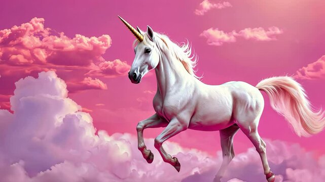 Majestic White Unicorn Galloping Through Dreamy Pink Clouds Under Sparkling Sky Envisioning Fantasy and Magic