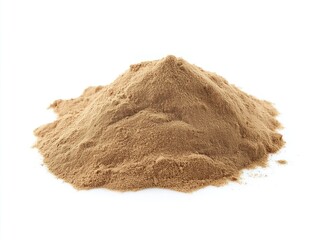 Close-up of small pile of brown desert sand. Speckled with small black dots on white background. Fine grained powder, natural texture, tropical coast. Isolated, macro view, studio shot, pile of sand,
