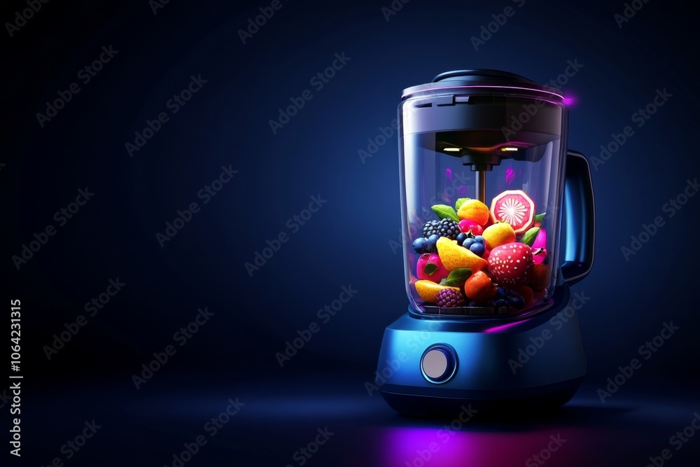 Poster Pixel art of a blender with fruits inside, blending in vibrant 8-bit style, capturing a retro feel and simplicity
