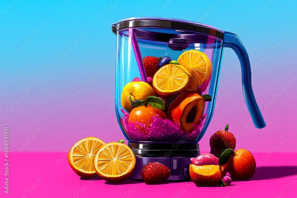 Poster Pixel art of a blender with fruits inside, blending in vibrant 8-bit style, capturing a retro feel and simplicity