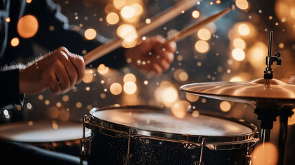 Naklejka premium Drummers Hands Hitting Snare Drum With Sticks