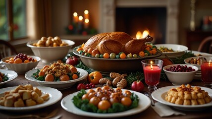 a roast turkey, the main dish of the Thanksgiving feast. served with a variety of side dishes, including mashed potatoes, cranberry sauce, and roasted vegetables.