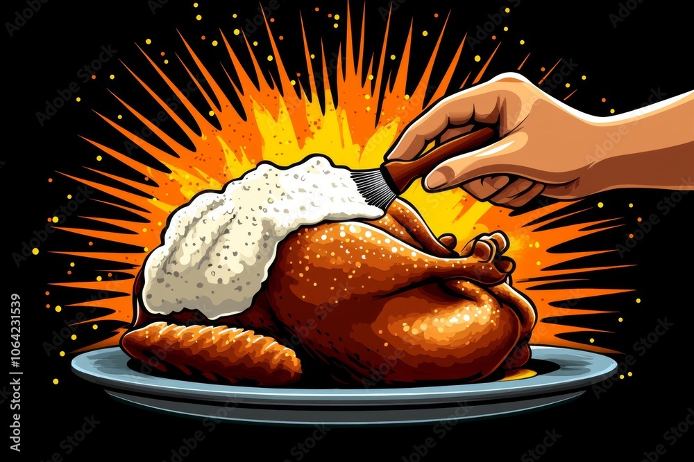 Poster pixel art of a hand basting turkey with a simple brush in 8-bit style, using retro colors to evoke n