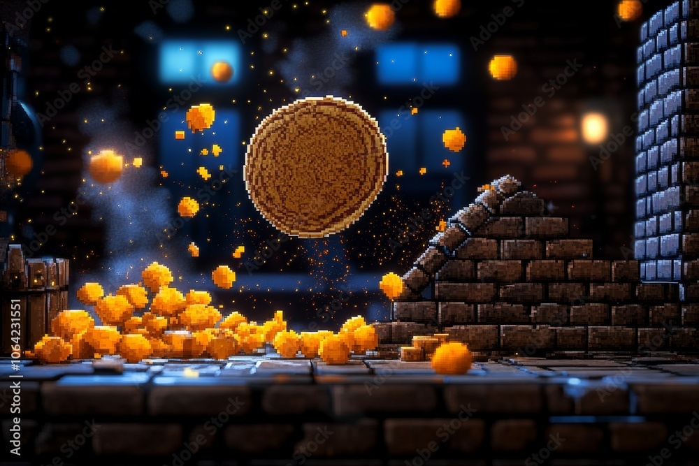 Poster Pixel art of a pancake mid-flip with bright, simple colors in retro 8-bit style, capturing a nostalgic cooking scene