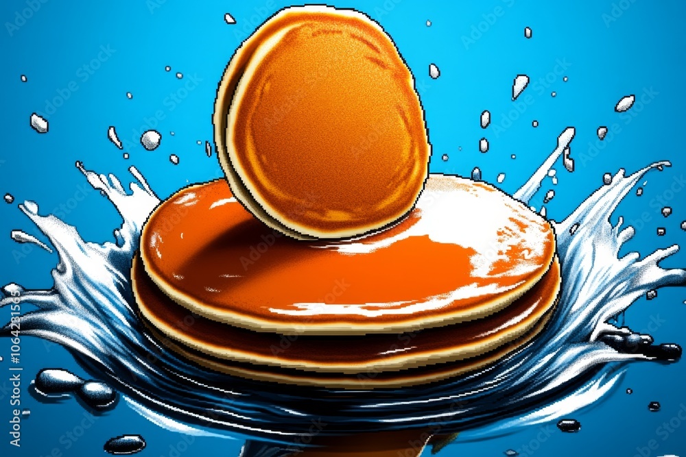 Poster Pixel art of a pancake mid-flip with bright, simple colors in retro 8-bit style, capturing a nostalgic cooking scene