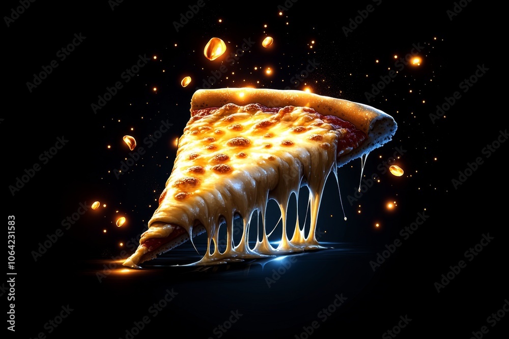 Poster Pixel art of a slice of pizza with bubbling cheese, using bright, nostalgic colors in a retro style that evokes craving
