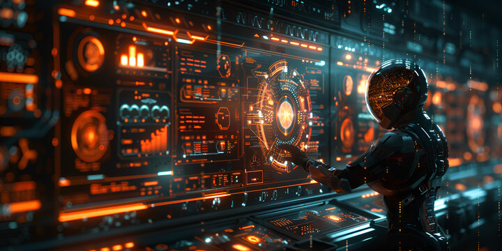 Cybernetic Control Room Interface, Futuristic AI Operator with Digital Dashboard


