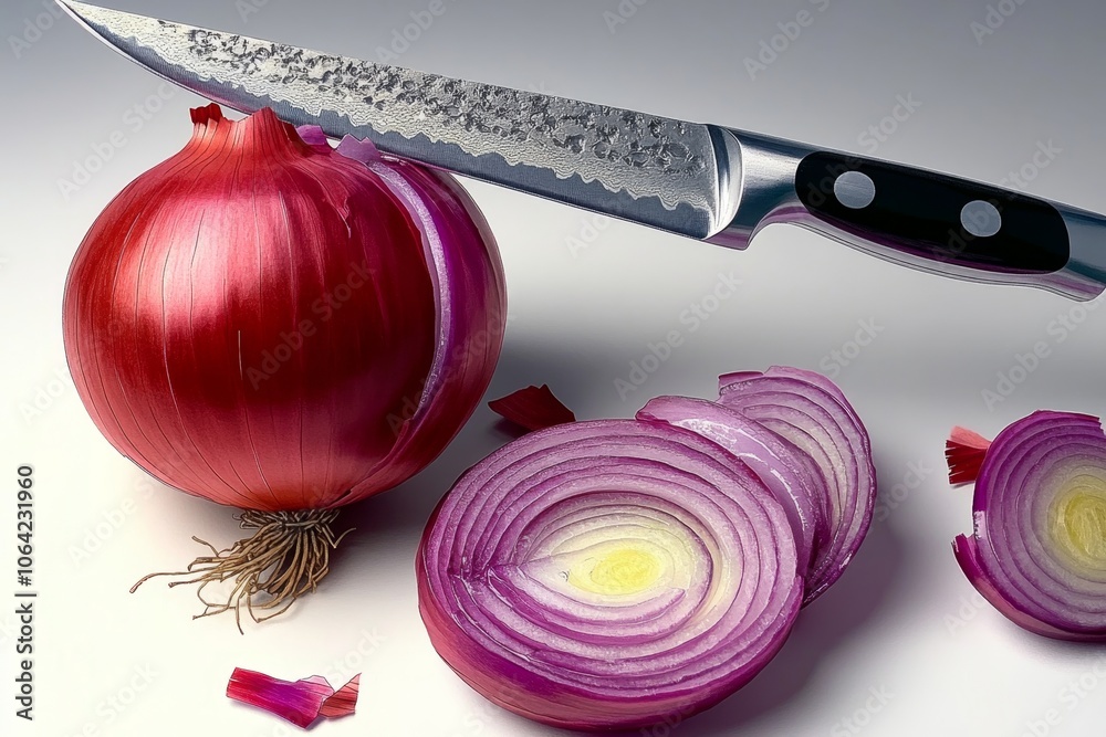 Poster simple 2d drawing of a knife slicing through an onion, capturing the action in a straightforward, co