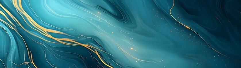 Abstract Teal and Gold Swirling Liquid with Glitter