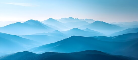 Misty Mountain Peaks Against a Serene Blue Sky Backdrop