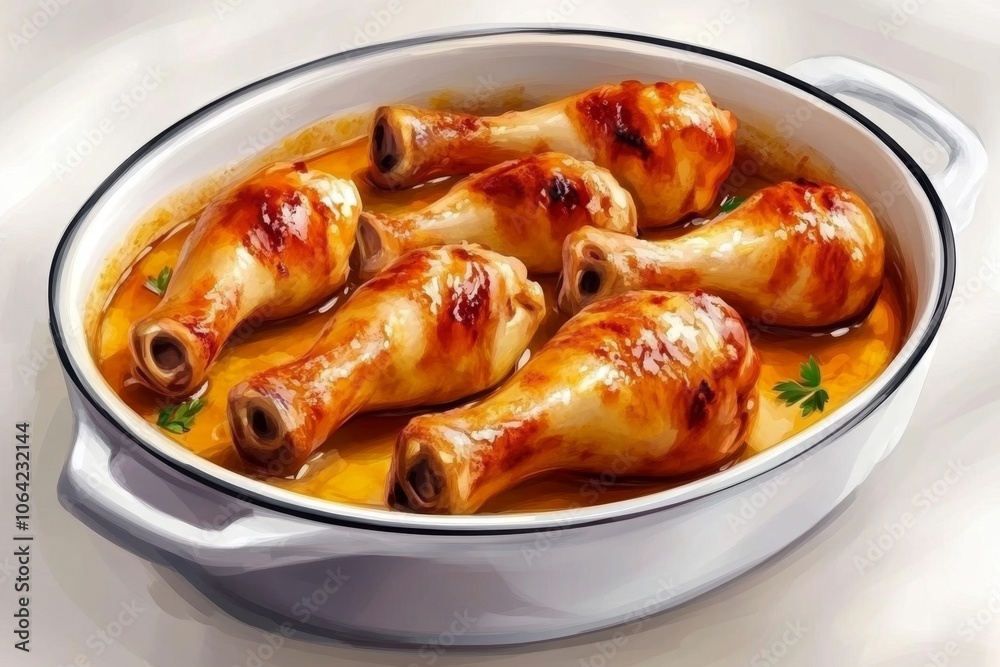 Poster simple drawing of chicken drumsticks in a marinade, with soft colors and gentle shading on a white b