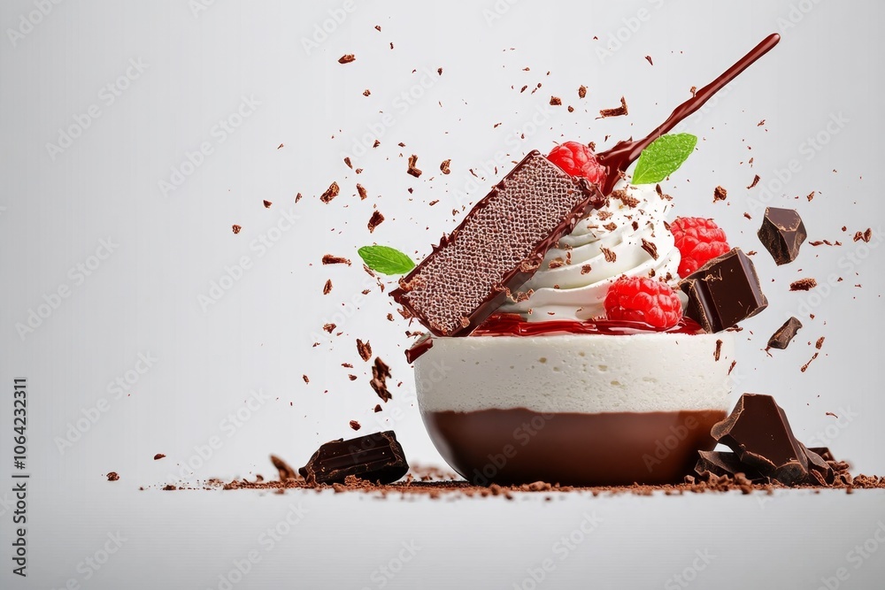Poster simple line illustration of grated chocolate over a dessert, capturing the motion and essence of gra