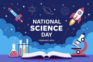 National Science Day Colorful Illustration with Space and Science Elements