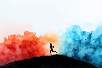 Watercolor painting of a figure running across a field at sunrise, soft colors capturing the emotion and serenity of escape