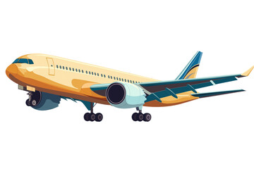 Large four-engine airplane with yellow, blue paint on runway. Plane positioned with nose pointed left. Vibrant colors on gray background. Two-dimensional representation of aircraft, surroundings.