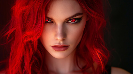 Obraz premium Beautiful woman with red hair and red eyes intense g