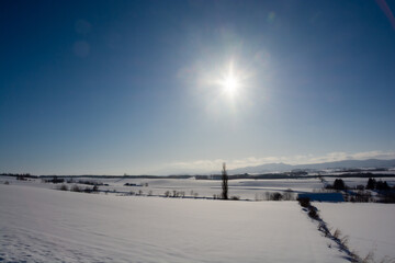 冬の丘陵地帯と太陽
